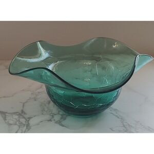 Blenko Art Glass Vintage Bowl Crimped Rim Ruffled Crackle Sea Green 5.5 Inch